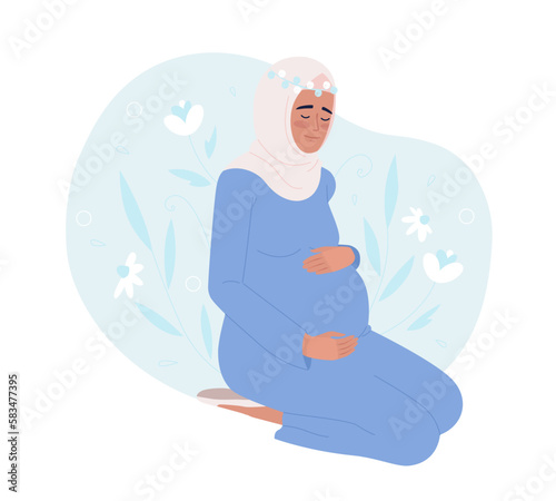 Feeling happy during pregnancy 2D vector isolated spot illustration. Pregnant woman carefully palming belly flat character on cartoon background. Colorful editable scene for mobile, website, magazine