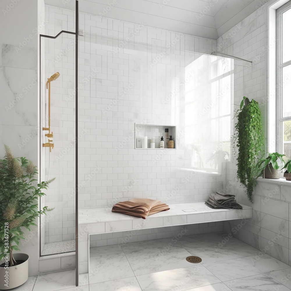 Marble vanity counter, shower bench in white subway tile wall modern