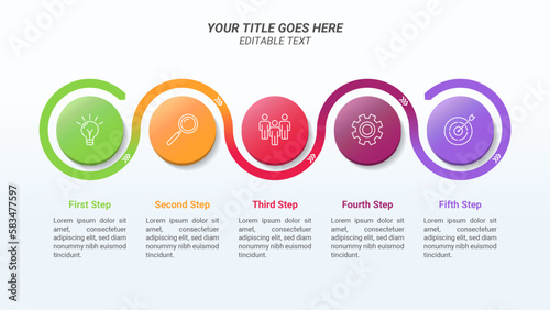 Timeline Infographic Presentation Template with Five Steps on a 16:9 Ratio for Business Presentations, Company Milestone, Finance Reports, and Web Design.