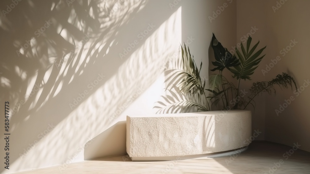 White cream cement curve counter podium. Minimal blank space. Soft beautiful dappled sunlight with leaf shadow on white wall. Generative AI. White cream cement curve counter podium. Minimal blank space. Soft beautiful dappled sunlight with leaf shadow on white wall. Generative AI.