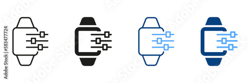 Control Panel of Electronic Device Black and Color Pictogram. Options of Smart Watch Line and Silhouette Icon Set. Smartwatch Settings Symbol Collection. Isolated Vector Illustration
