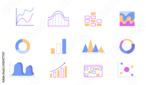 Diagrams, charts and graphs semi flat color vector icons bundle. Editable images. Full sized elements on white. Simple cartoon style spot illustrations pack for web graphic design and animation