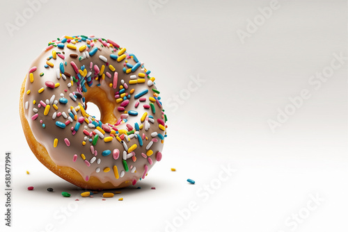 Round fried donut with sweet icing and multicolored sprinkles on a white background. Generative AI, generative artificial intelligence