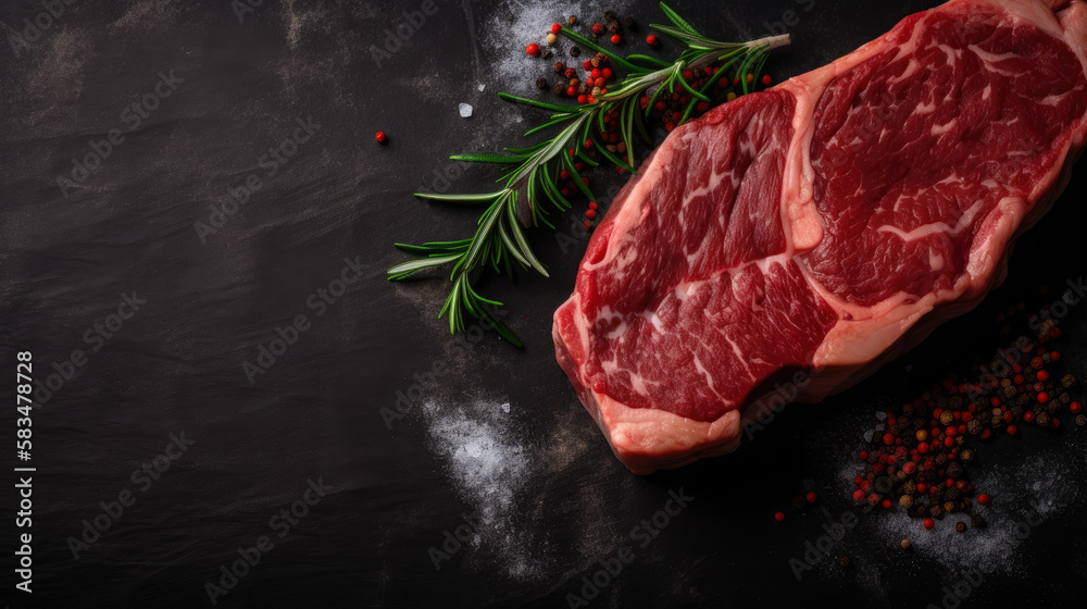 Raw New York Strip steak with pepper, seasoning and green rosemary on blackboard. Generative AI