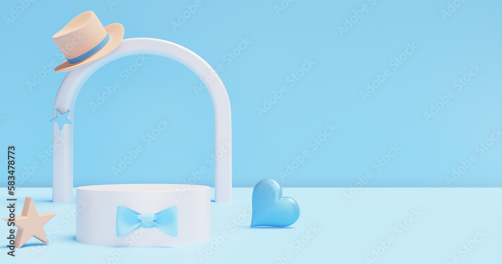 Father's day celebration. Podium pedestal with bow tie and hat arch. 3D rendering Father's day celebration. Podium pedestal with bow tie and hat arch. 3D rendering