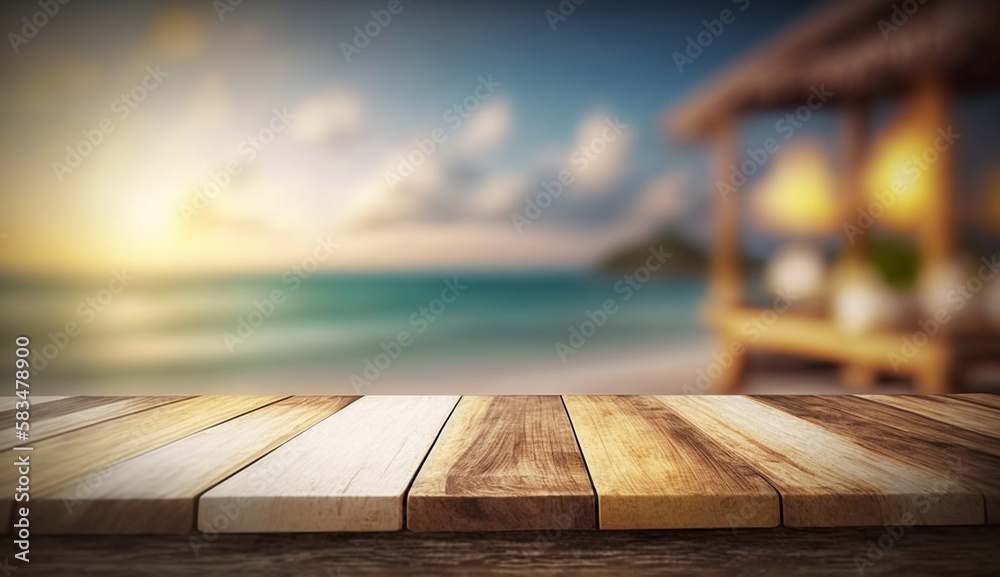 Empty wooden table with blurred sea background. Empty wooden table with blurred sea background.