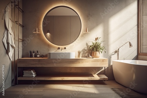 Bathroom interior corner with a circular mirror  concrete floor  tiled walls  and long sink counter. Toned picture. Generative AI