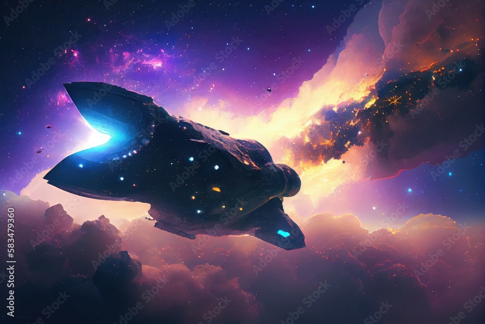 spaceship floating past nebula, with stars shining in the background ...