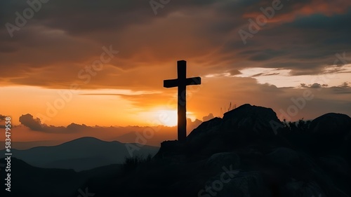  Silhouette of crucifix cross on mountain at sunset sky background. Christian Easter illustration.