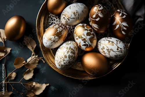 Gold and white decorated Easter eggs painted by hand on a dark background, Easter, stylish minimal composition, flat lay