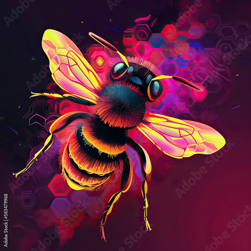 Bee in neon colors. Generative AI.