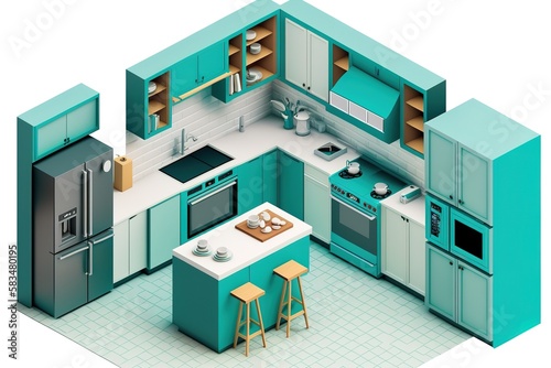 3D isometric contemporary style modern kitchen concept turquoise, generative AI © krishnendu