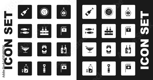 Set Bottle of cognac or brandy, Pack beer bottles, Dried fish, Opened wine, Street signboard with Bar, Alcohol 21 plus, Bottles and Cocktail icon. Vector