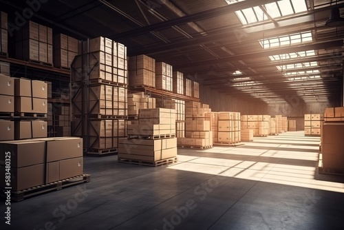 A warehouse full of boxes. Concept: Problems with the delivery. Generative ai 