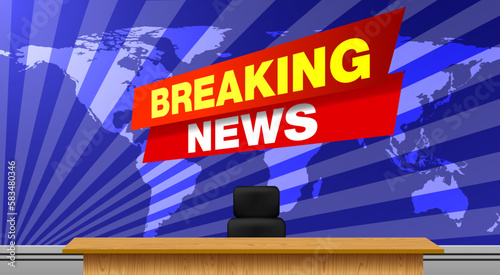 wooden table and breaking news on lcds background in the news studio room	