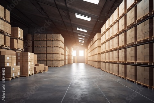 A warehouse full of boxes. Concept: Problems with the delivery. Generative ai  © David