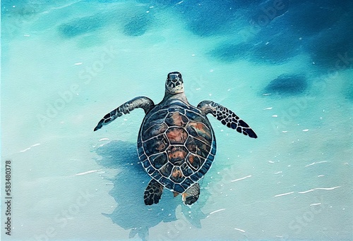  turtle in a clear blue water, watercolor style Generative AI
