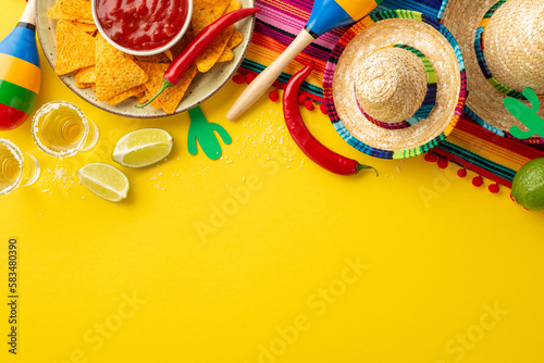 Cinco-de-mayo concept. Top view photo of tequila salt sliced lime dish with nacho chips salsa sauce hot pepper sombrero serape cactus silhouettes maracas on isolated yellow background with copyspace