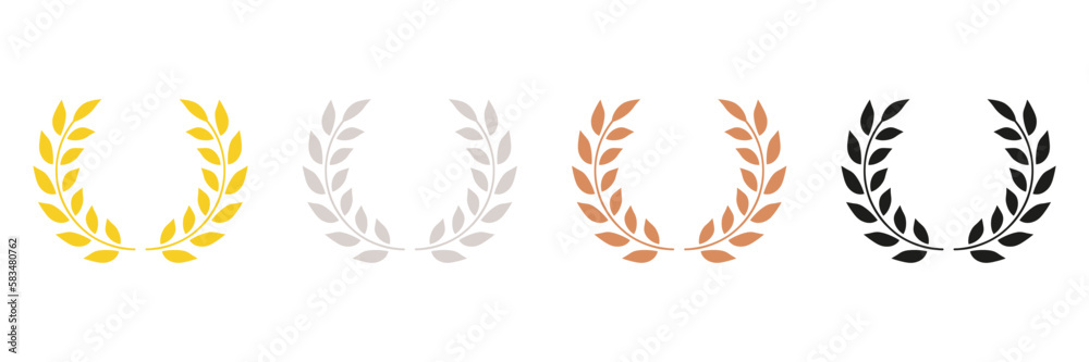 Winner Chaplet, Laurel Wreath Silhouette Icon Set. Gold, Silver, Bronze, Black Leaf Award Glyph Pictogram. Vintage Olive Leaves Emblem. Circle Tree Branch Success Symbol. Isolated Vector Illustration Winner Chaplet, Laurel Wreath Silhouette Icon Set. Gold, Silver, Bronze, Black Leaf Award Glyph Pictogram. Vintage Olive Leaves Emblem. Circle Tree Branch Success Symbol. Isolated Vector Illustration
