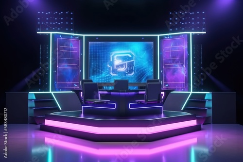 A futuristic TV set for broadcasting an esport event. Gaming style with neon and LEDs. Big HUD and screens. Generative ai