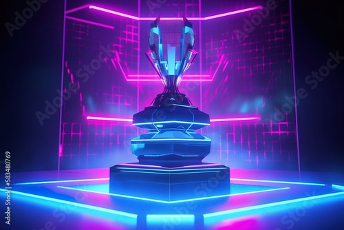 A esport concept trophy for an esports tournament winner. Futuristic concept with neon and a podium. Generative ai