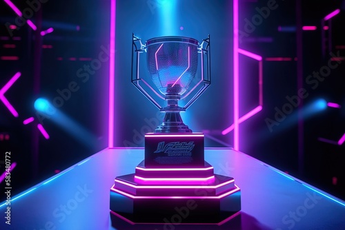 A esport concept trophy for an esports tournament winner. Futuristic concept with neon and a podium. Generative ai