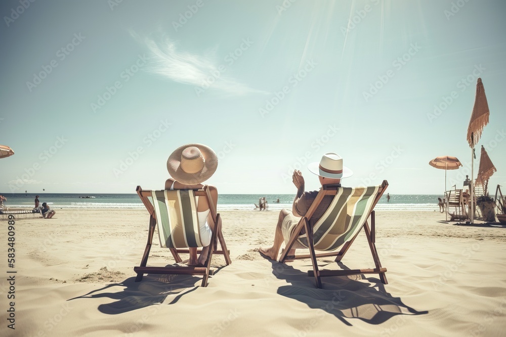 Happy senior couple resting in folding chairs on a beach. Concept: The calm of the retirement. Active senior couple traveling. Generative ai Happy senior couple resting in folding chairs on a beach. Concept: The calm of the retirement. Active senior couple traveling. Generative ai