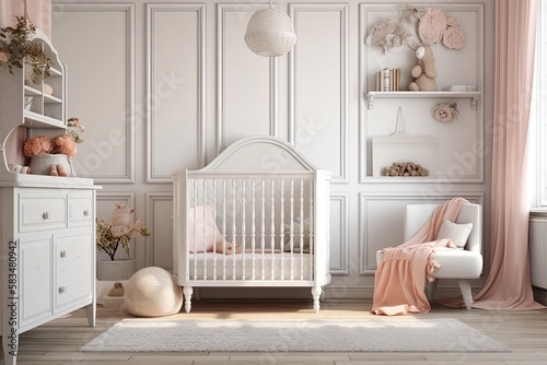 girl's classical nursery. the white crib close to an empty wall. Mockup of an interior. Generative AI
