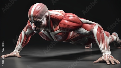 Valokuva Human anatomy during a push-up, showing the muscles used such as pectoralis major, triceps brachii, and deltoids