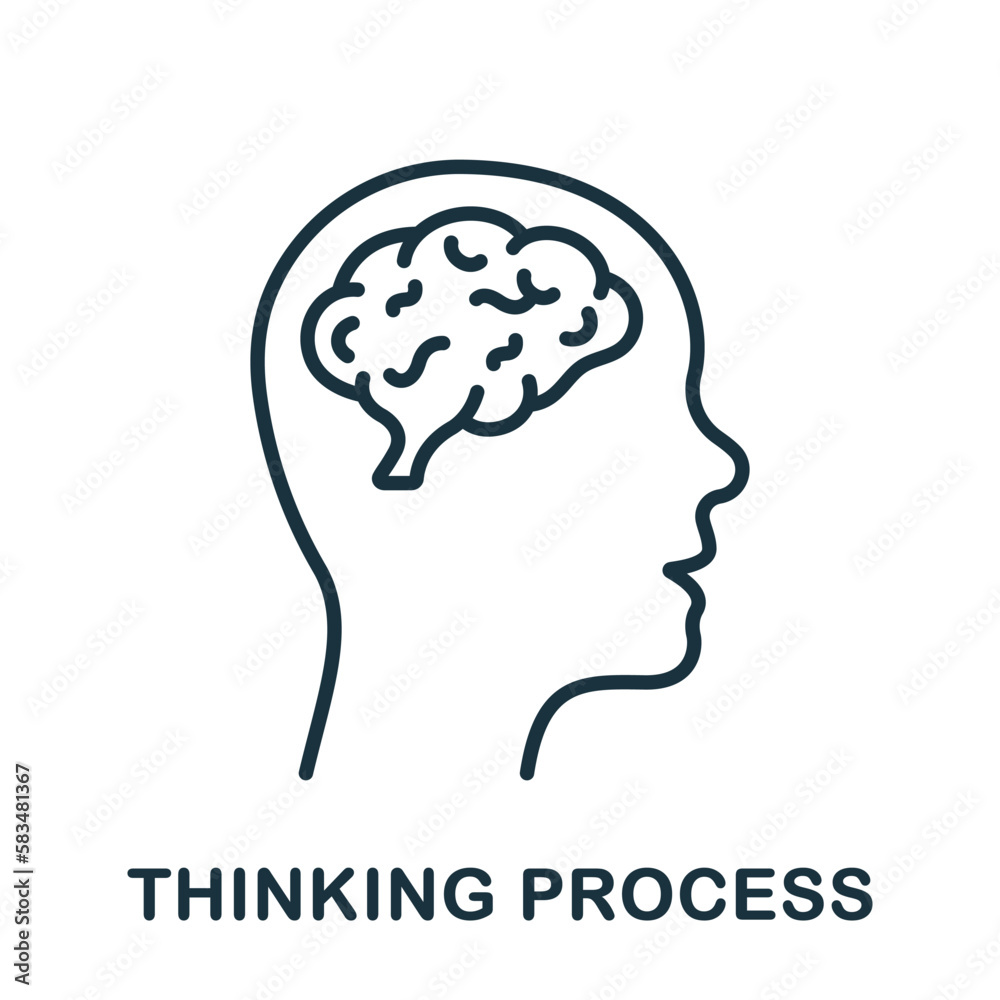 Thinking Process Line Icon. Brainstorm and Cognition Linear Pictogram. Decision Making Process Outline Sign. Intellectual Imagination Symbol. Editable Stroke. Isolated Vector Illustration