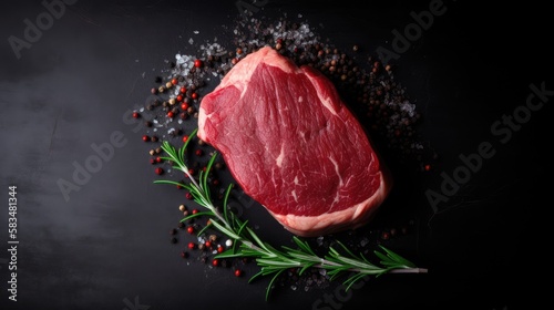 Raw Top Sirloin steak with pepper, seasoning and green rosemary on blackboard. Generative AI