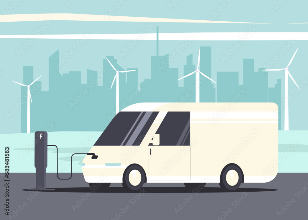Electric light commercial van charging on abstract cityscape background. Vector illustration.