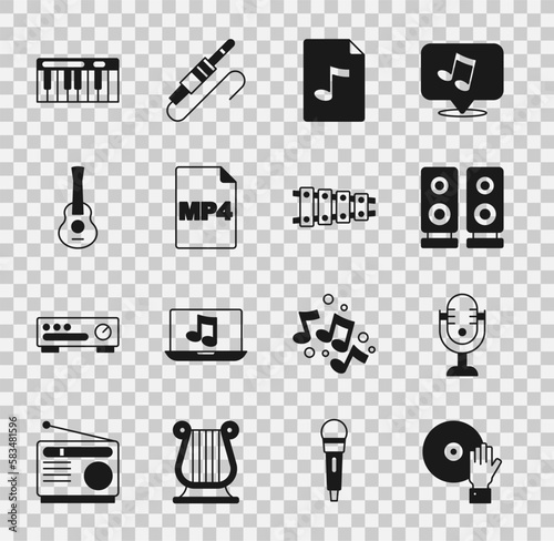 Set DJ playing music, Microphone, Stereo speaker, MP3 file document, MP4, Guitar, Music synthesizer and Xylophone icon. Vector