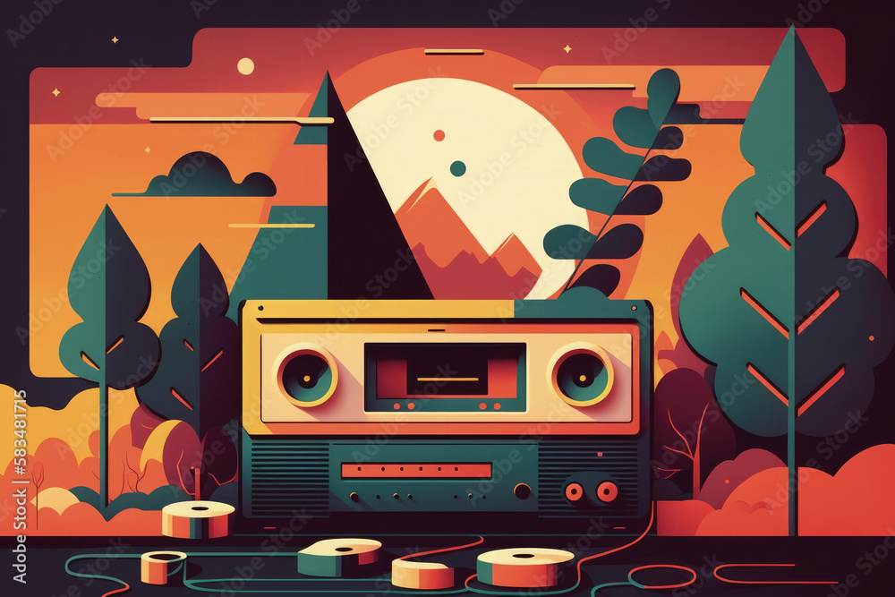 Flat retro design: Vintage music player and musical mood | Generative AI Production