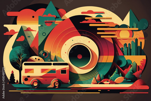 Flat retro design: Vintage bus is driving with music record and musical mood | Generative AI Production