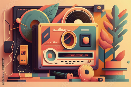 Flat retro design: Vintage music player with colorful musical abstractions | Generative AI Production