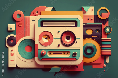 Flat retro design  Vintage music player with colorful musical abstractions   Generative AI Production