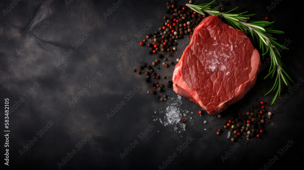 Raw Top Sirloin steak with pepper, seasoning and green rosemary on blackboard. Generative AI