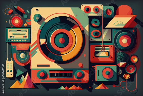 Flat retro design: Vintage music player with music equipment and colorful musical abstractions | Generative AI Production