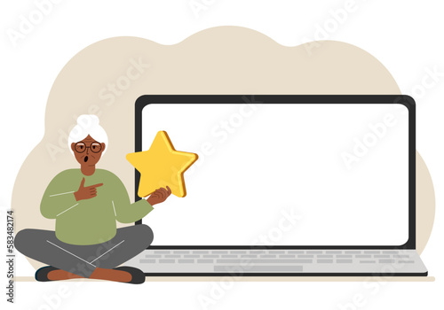 Online feedback, customer experience, user satisfaction concept. Woman giving star rating online using laptop. Positive feedback, business survey.