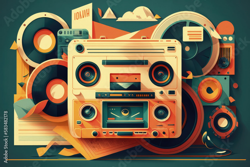 Flat retro design: Vintage music player with records and colorful musical abstractions | Generative AI Production
