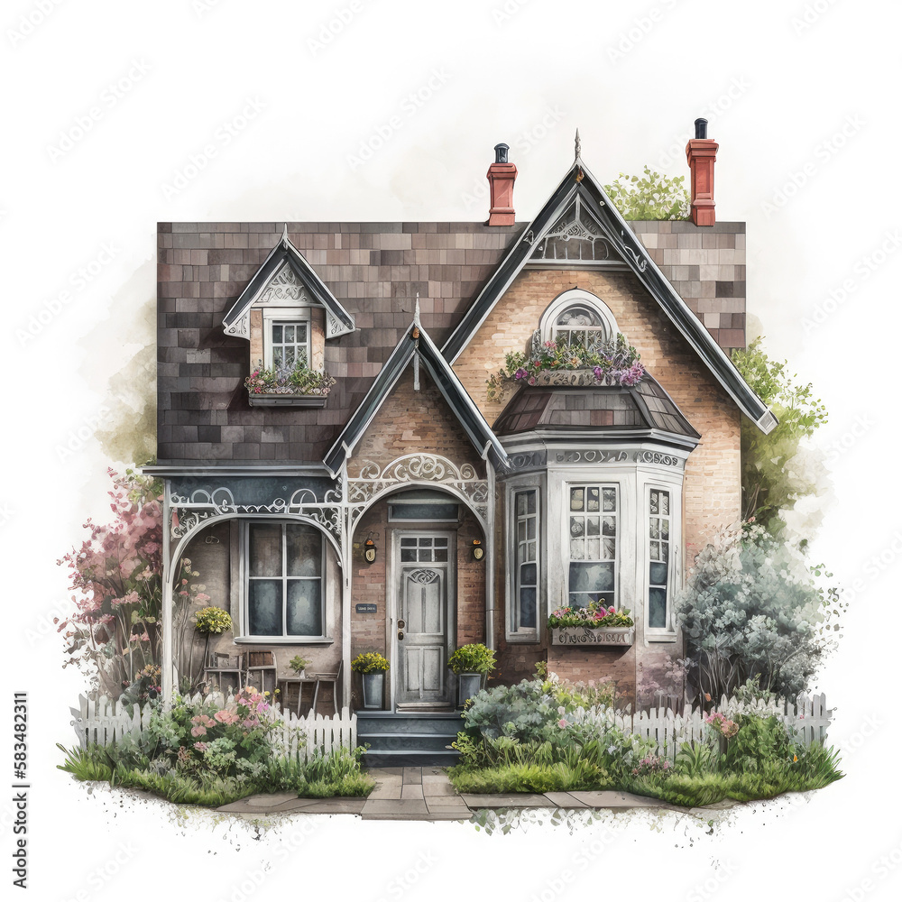 Cute house facade, cottage country watercolor illustration, isolated on white background. AI Generated. 
