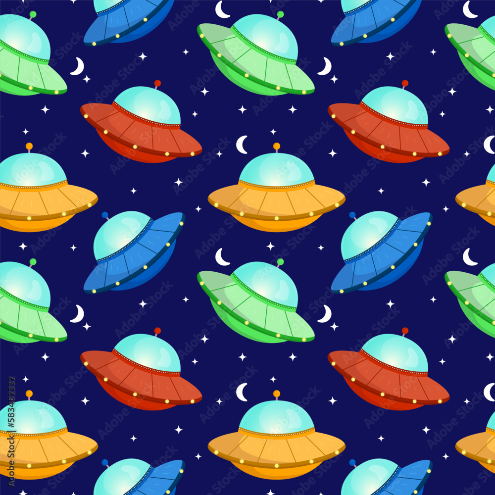 Vector seamless pattern of ufo flying spaceships with stars and moon on ...