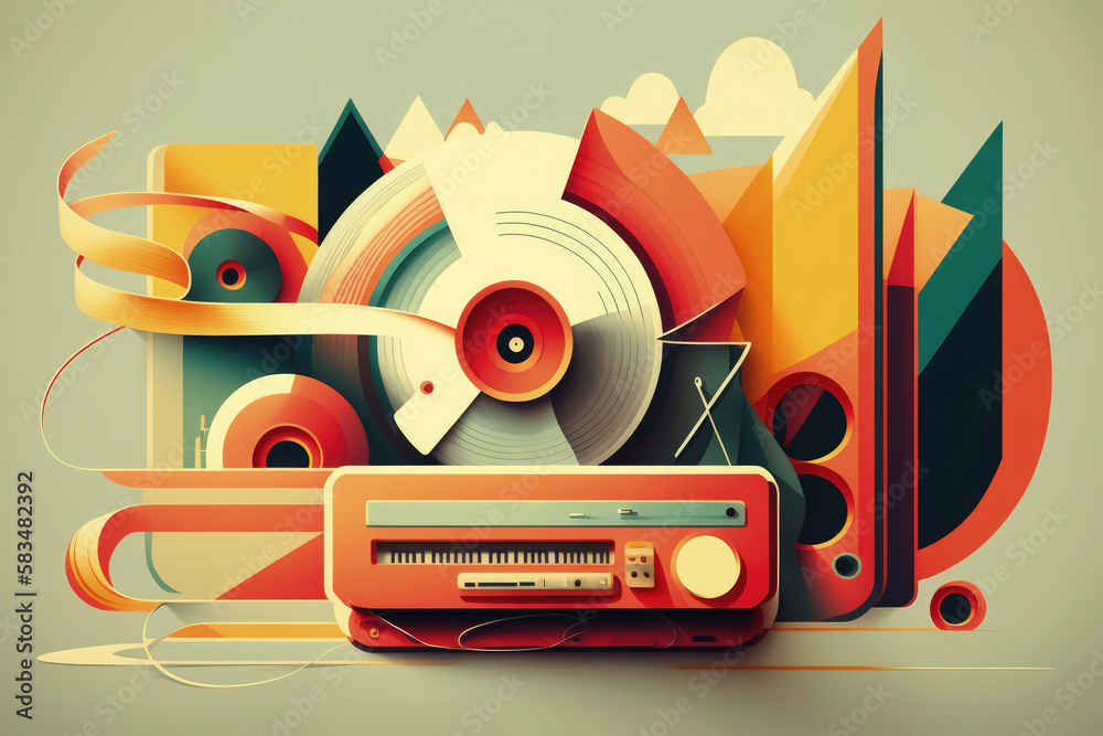 Flat retro design: Vintage music player with records and colorful musical abstractions | Generative AI Production