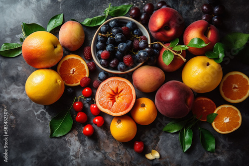 Delicous and healthy organic biological fruit collection on marble table background  top view.