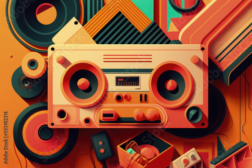 Flat retro design  Vintage music player with colorful musical abstractions   Generative AI Production