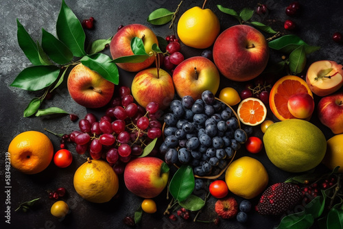 Delicous and healthy organic biological fruit collection on marble table background  top view.