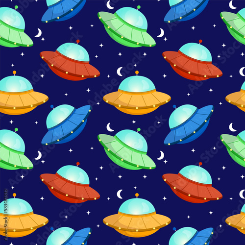 Vector seamless pattern of ufo flying spaceships with stars and moon on blue background. Children cute backdrop for wallpaper, print, textile, fabric, wrapping.