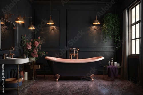 pastel bathroom interior design. Vintage classic style mockup on a dark background with a bathtub  a vase  and lighting. Generative AI
