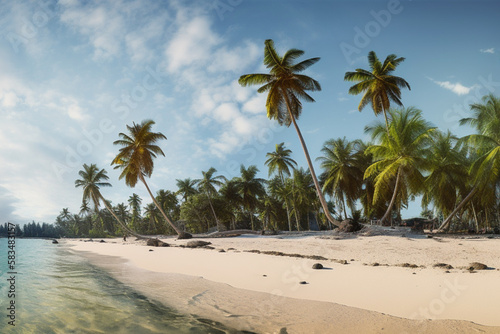 Tropical palm beach island with white sand beach and clear blue sky. Background wallpaper or header for travel and tourism purposes.